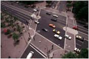 Title: Example of intersection crosswalks - Description: Example showing the layout of crosswalks at an intersection. Source: www.pedbikeimages.org/DanBurden